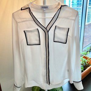 Express Button Down White Black Blouse